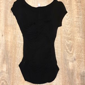 Black V neck cowl type neckline.